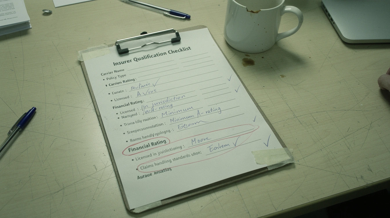 A printed insurer qualification checklist clipped to a clipboard on a Canadian conference table with handwritten checkmarks beside a coffee mug