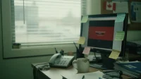 A Canadian small-business office monitor angled away from camera showing a non-readable ransomware lock screen on a Friday afternoon with a desk phone off the hook