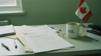 A printed regulator letter on a Canadian small-business owner desk beside a small Canadian flag on a stand and a coffee mug