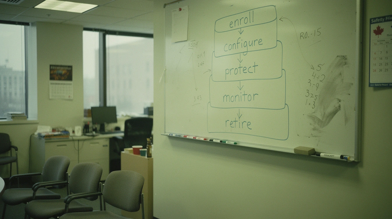 A Canadian office whiteboard with hand-drawn five-phase rollout stack labelled enroll configure protect monitor retire in blue marker