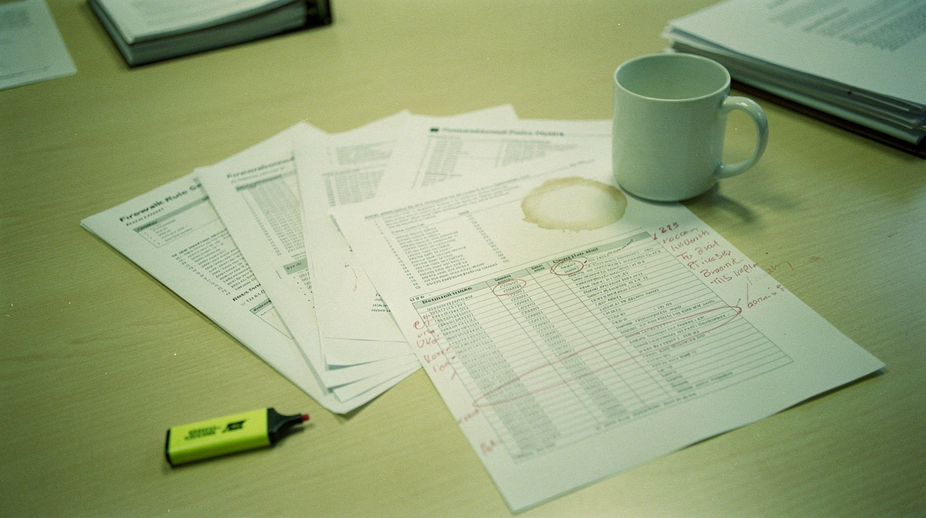 A printed firewall rule set audit document fanned out on a Canadian meeting-room table with handwritten margin notes in red pen and a coffee mug