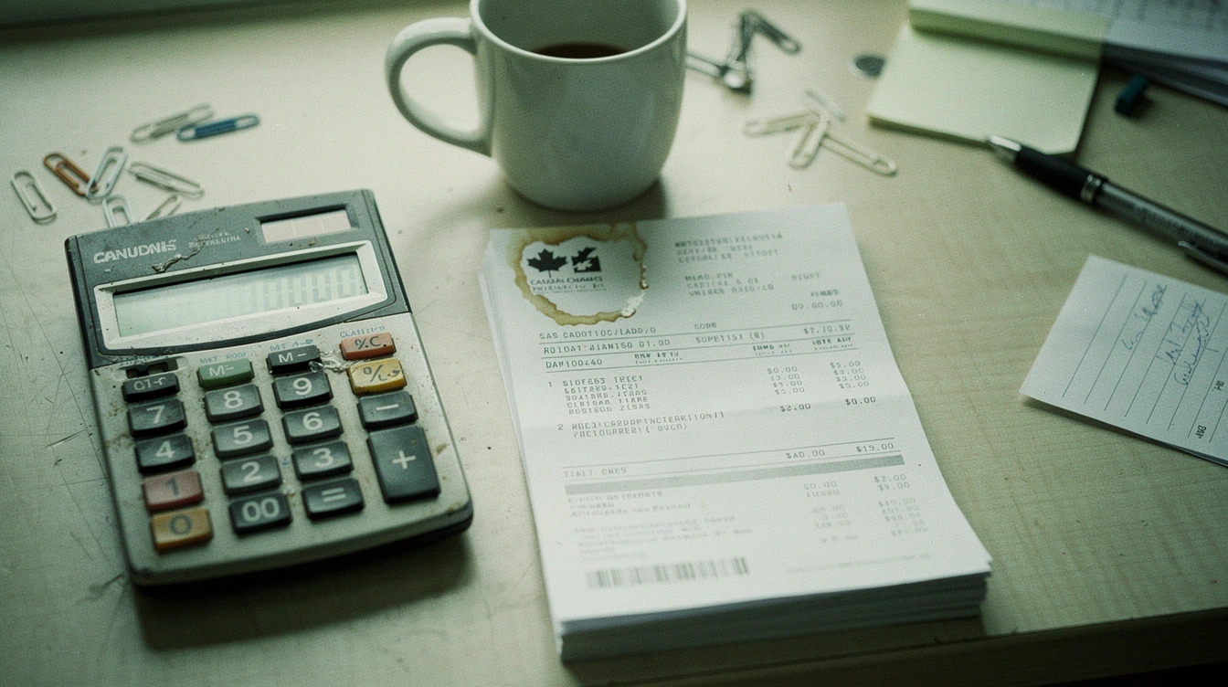 A stack of printed SaaS subscription invoices on a Canadian small-business owner desk beside a calculator with smudged keys and a coffee mug