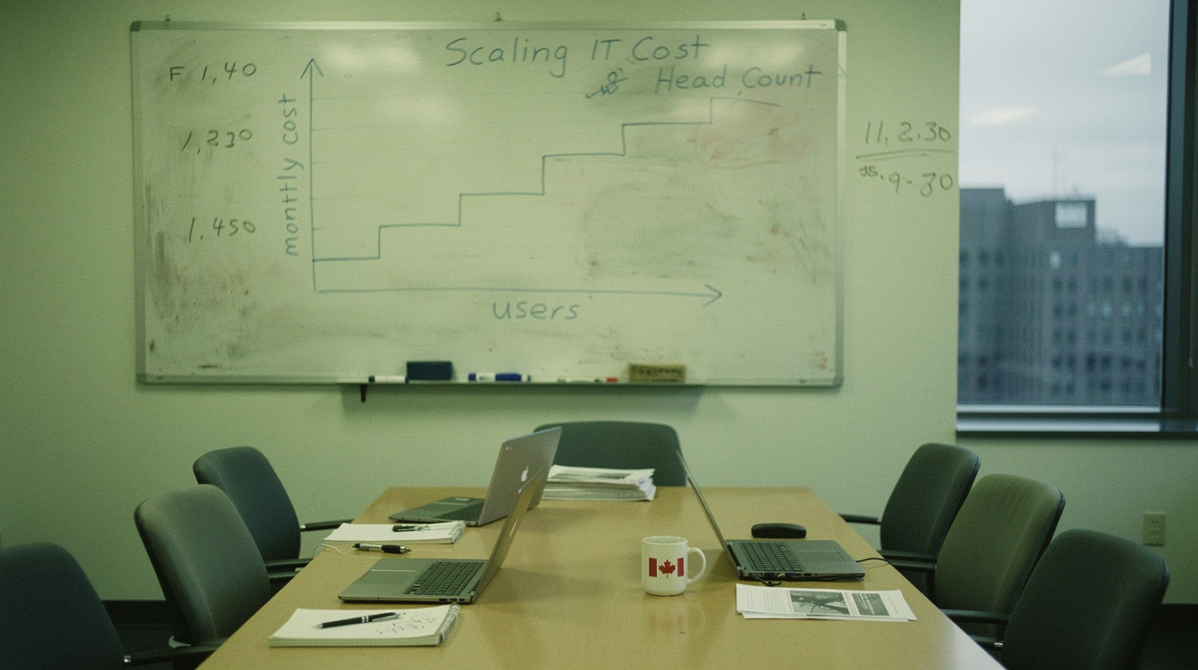 A Canadian boardroom whiteboard with a hand-drawn step graph of scaling IT cost and headcount in blue marker beside a row of empty chairs