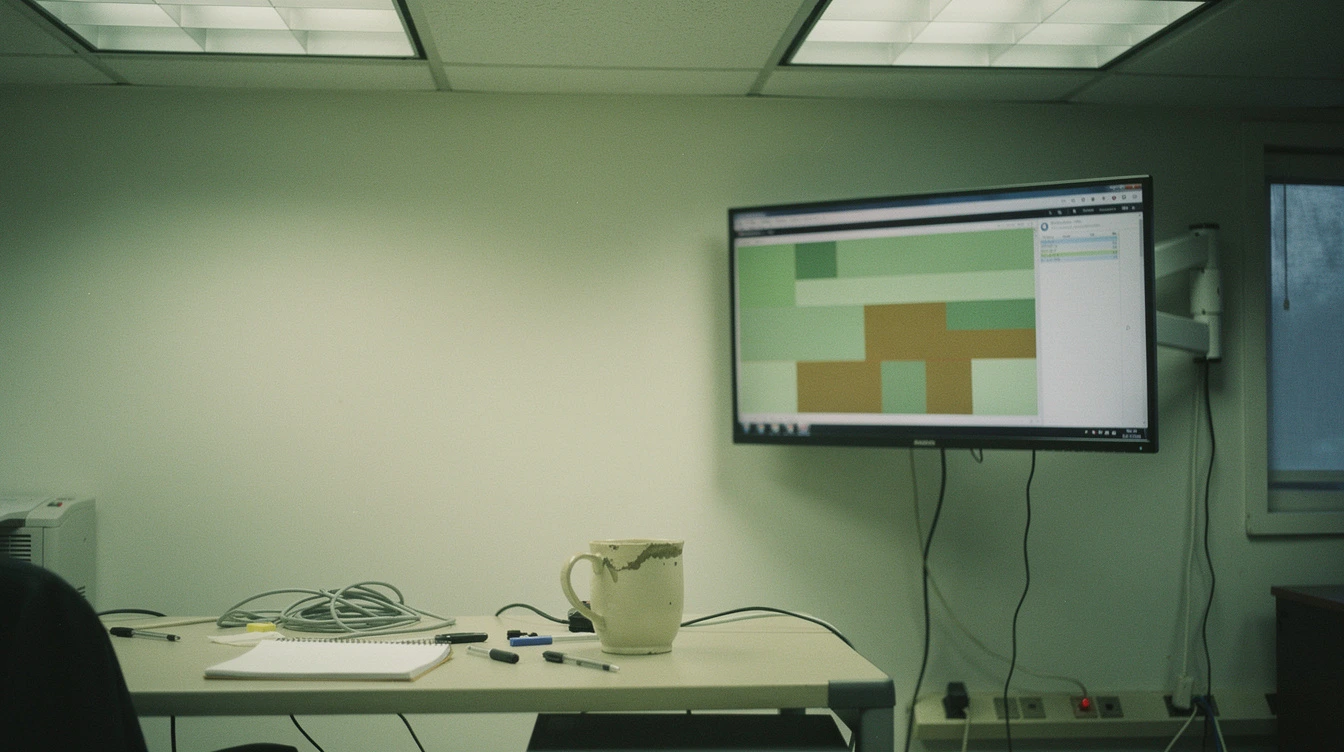 A Canadian small NOC monitor angled away showing a non-readable server monitoring dashboard with green and amber tiles beside a coffee mug