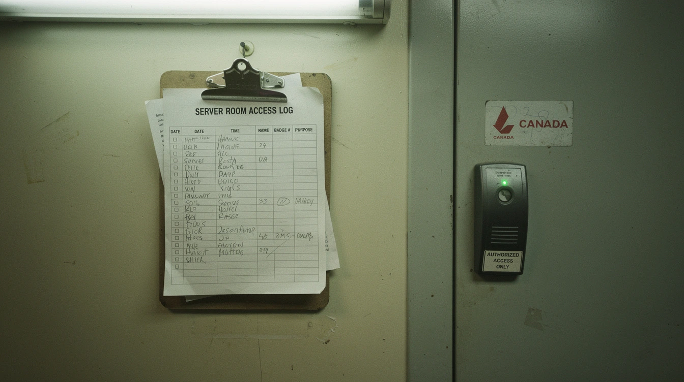 A printed server-room access log clipped to a clipboard hanging beside a Canadian server-room door with a key-card reader on the frame