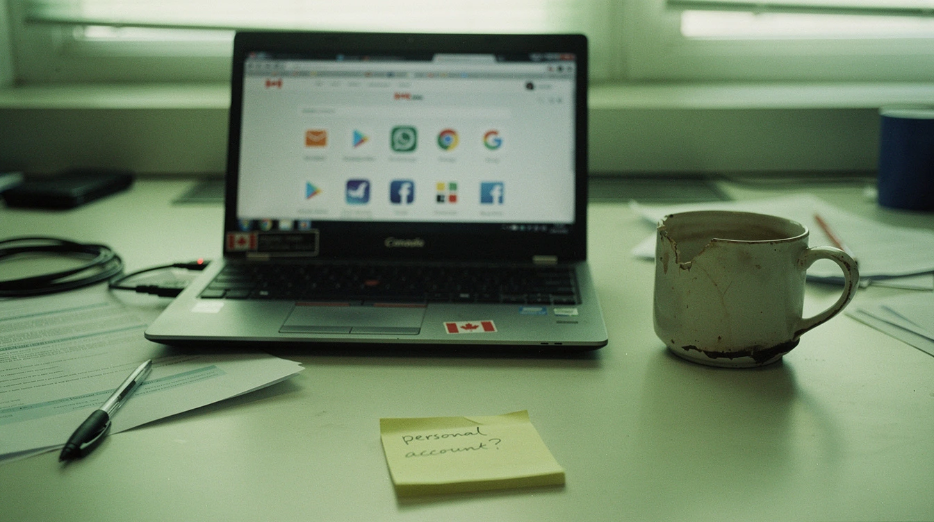 A Canadian office laptop on a desk angled away from camera showing a non-readable browser tab list with multiple consumer SaaS app icons