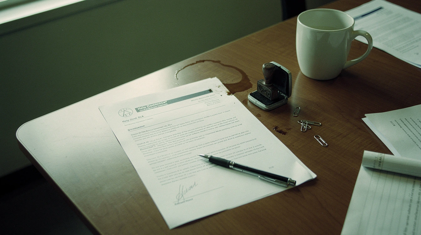 A printed help desk SLA contract on a Canadian conference table with a black pen resting across the signature line and a stamp pad beside