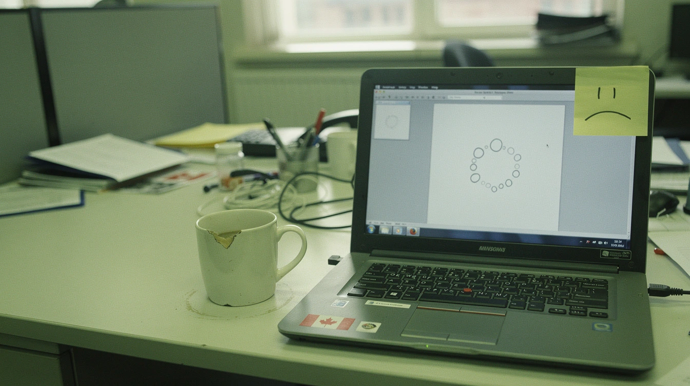 A Canadian office laptop on a desk angled away from camera showing a non-readable loading spinner beside a coffee mug and a frustrated post-it note