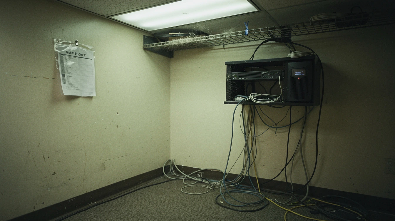 A small Canadian server-room corner with a wall-mount rack, a UPS, a paper run-book in a clear sleeve hanging from a nail, and dust on the cable tray