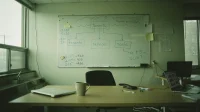 A Canadian startup whiteboard with a hand-drawn cloud architecture sketch in blue marker showing tenants services scale arrows beside an empty desk