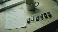 A row of YubiKey-style hardware MFA tokens still in shrink wrap on a Canadian startup office desk beside a printed onboarding checklist and a coffee mug