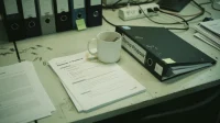 A printed startup IT runbook open on a Canadian shared-table workspace with a binder labelled startup playbook beside it and a coffee mug