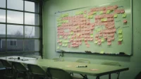 A wall of pink and yellow post-it notes on a Canadian startup whiteboard labelled with hand-written hurdles like onboarding access laptops compliance