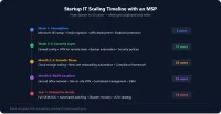 Startup IT scaling timeline with an MSP from 5 users at week 1 to 50 users at year 1