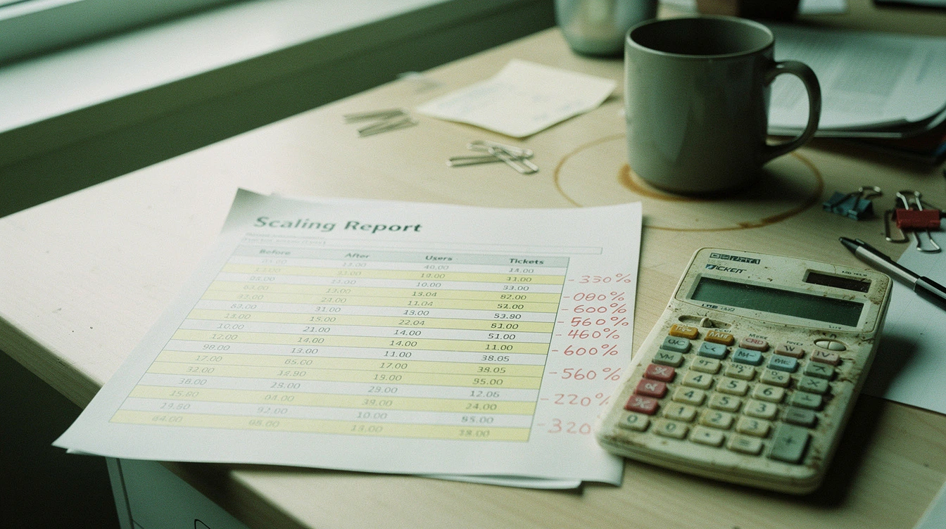 A printed before-and-after scaling spreadsheet on a Canadian design-studio desk beside a calculator and a coffee mug with a faint ring stain