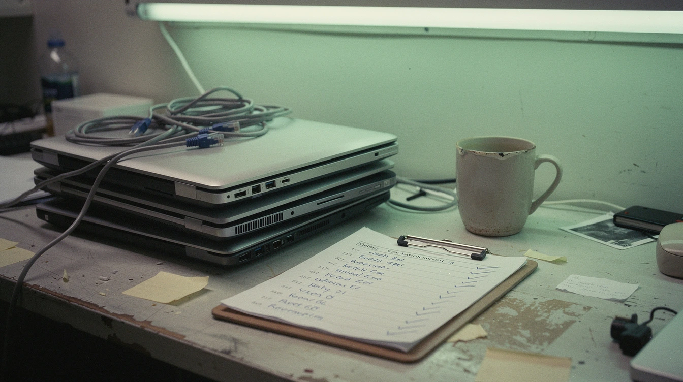 A Canadian design-studio open-office desk with a stack of laptops being imaged ethernet cables in coils and a printed user list on a clipboard