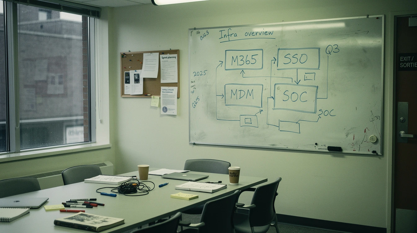 A Canadian design-studio whiteboard with a hand-drawn architecture diagram in blue marker showing Microsoft 365 SSO MDM and SOC layers