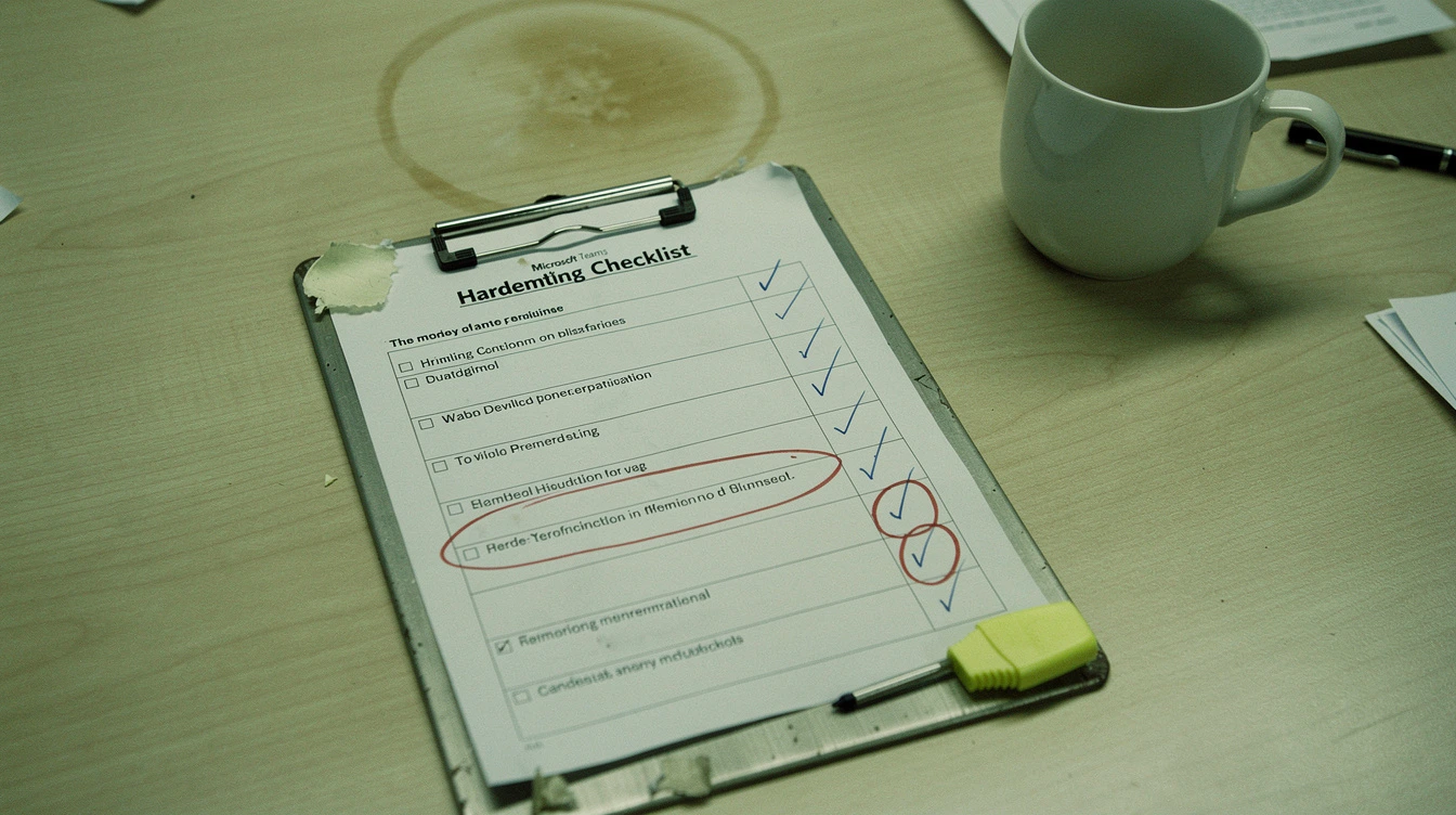 A printed Microsoft Teams hardening checklist clipped to a clipboard on a Canadian conference table with handwritten checkmarks and a coffee mug