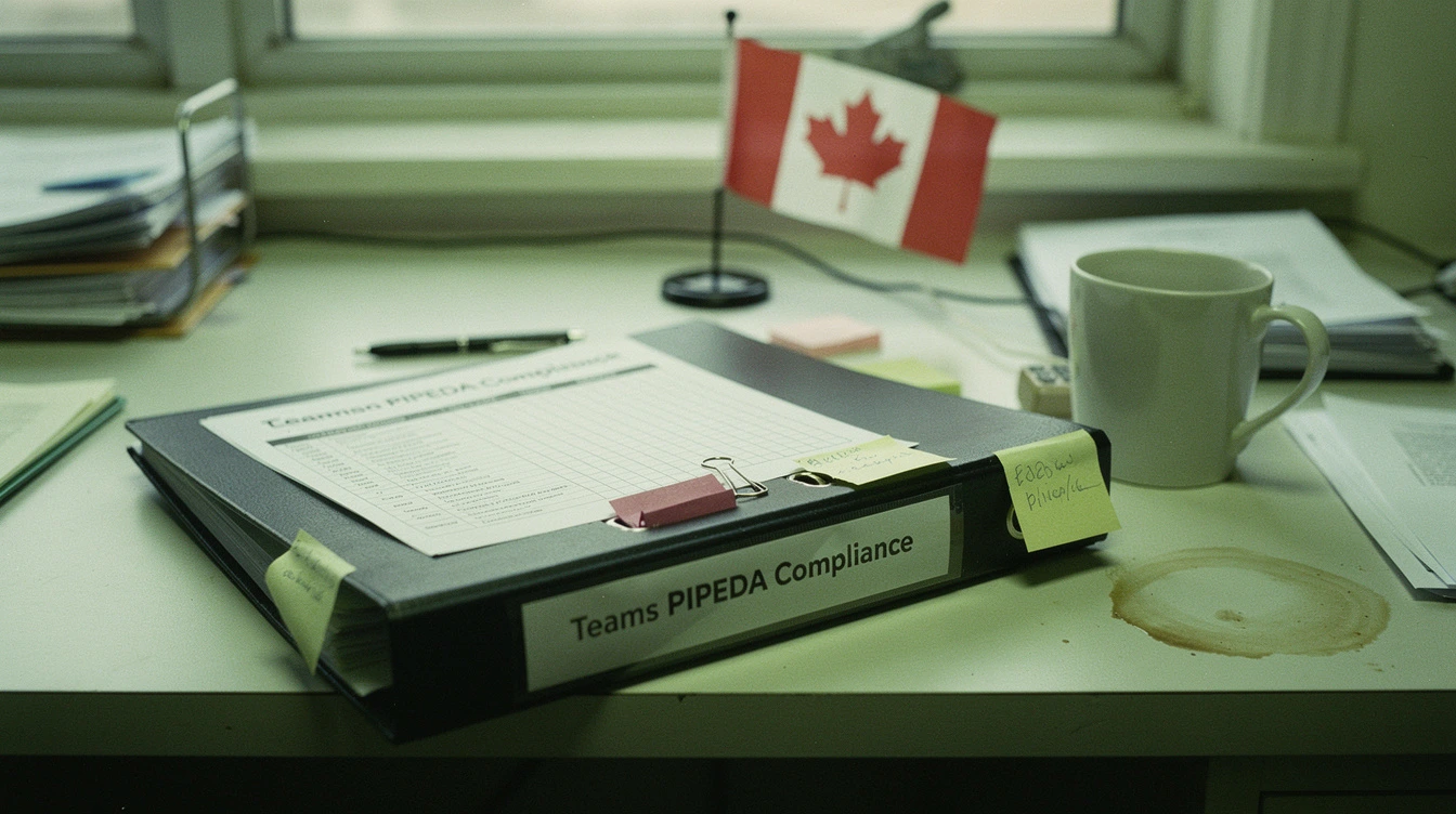 A black binder labelled Teams PIPEDA compliance on a Canadian small-business owner desk beside a small Canadian flag and a coffee mug