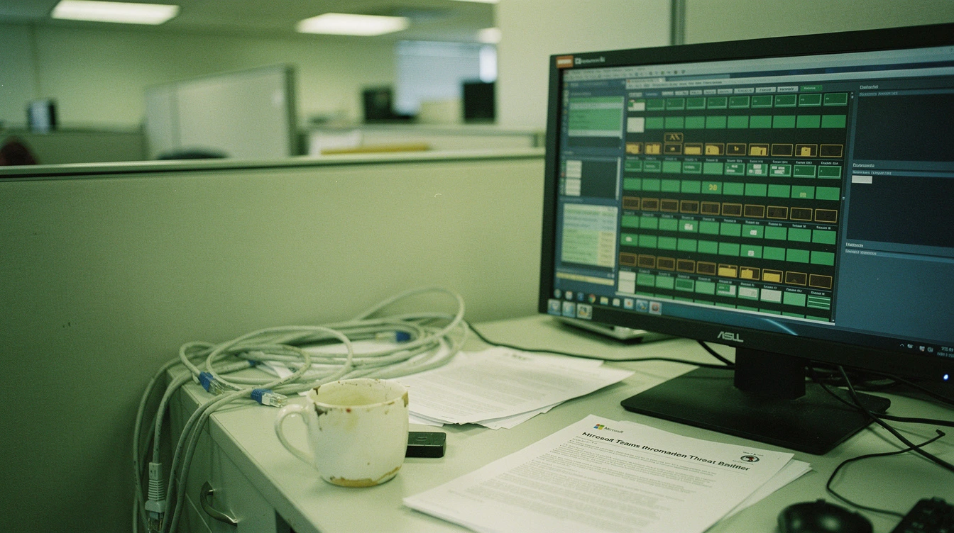 A Canadian IT-office monitor angled away showing a non-readable Teams security alert console beside a printed threat briefing and a coffee mug