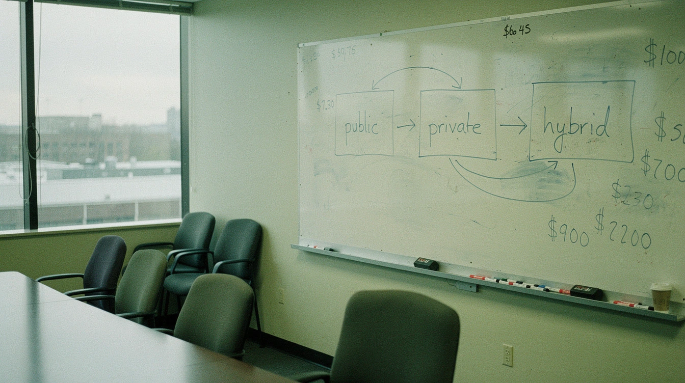 A Canadian boardroom whiteboard with three hand-drawn boxes labelled public private hybrid in blue marker with arrows between them