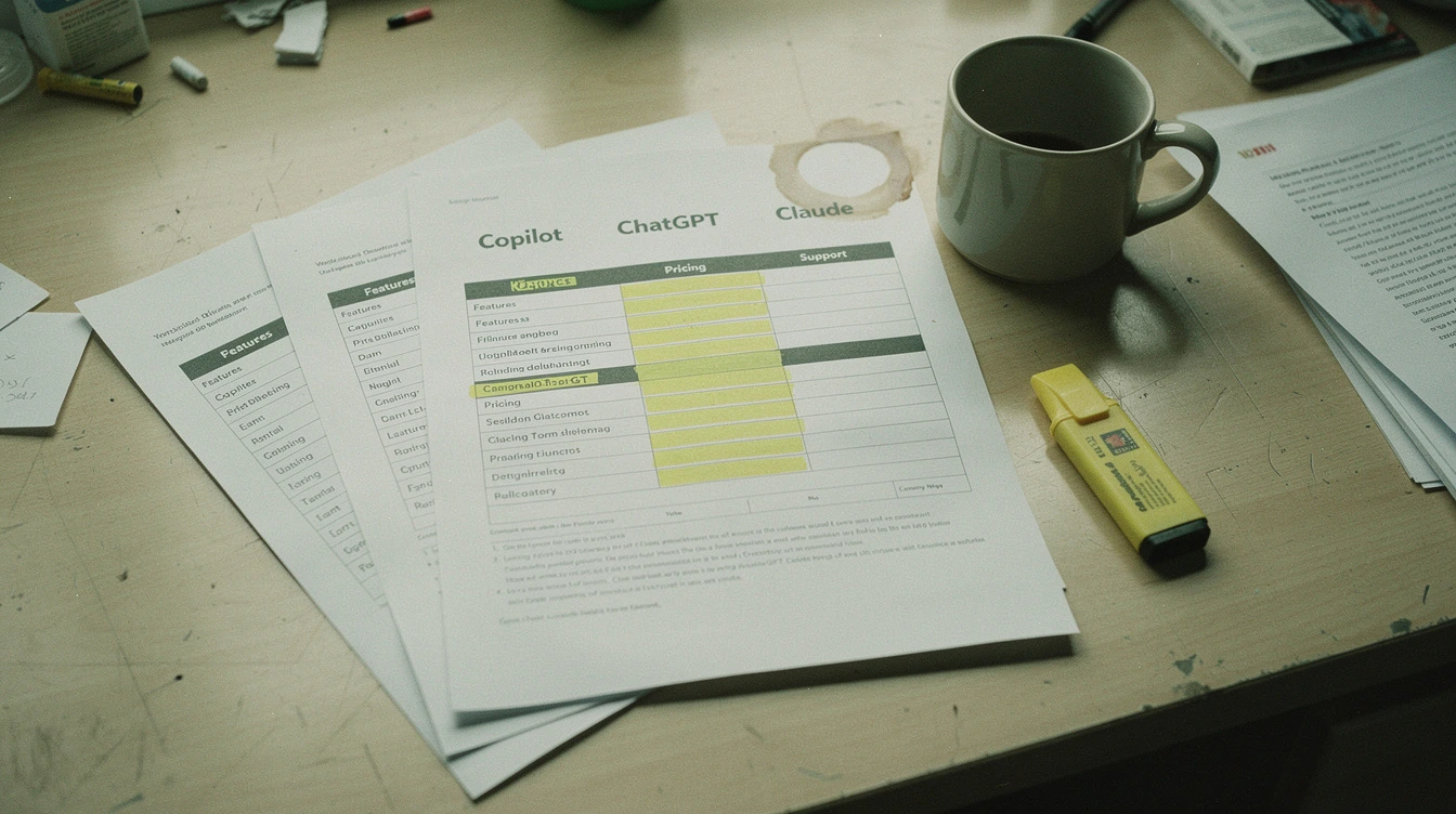 A stack of three printed comparison sheets labelled Copilot ChatGPT Claude on a Canadian small-business owner desk beside a coffee mug