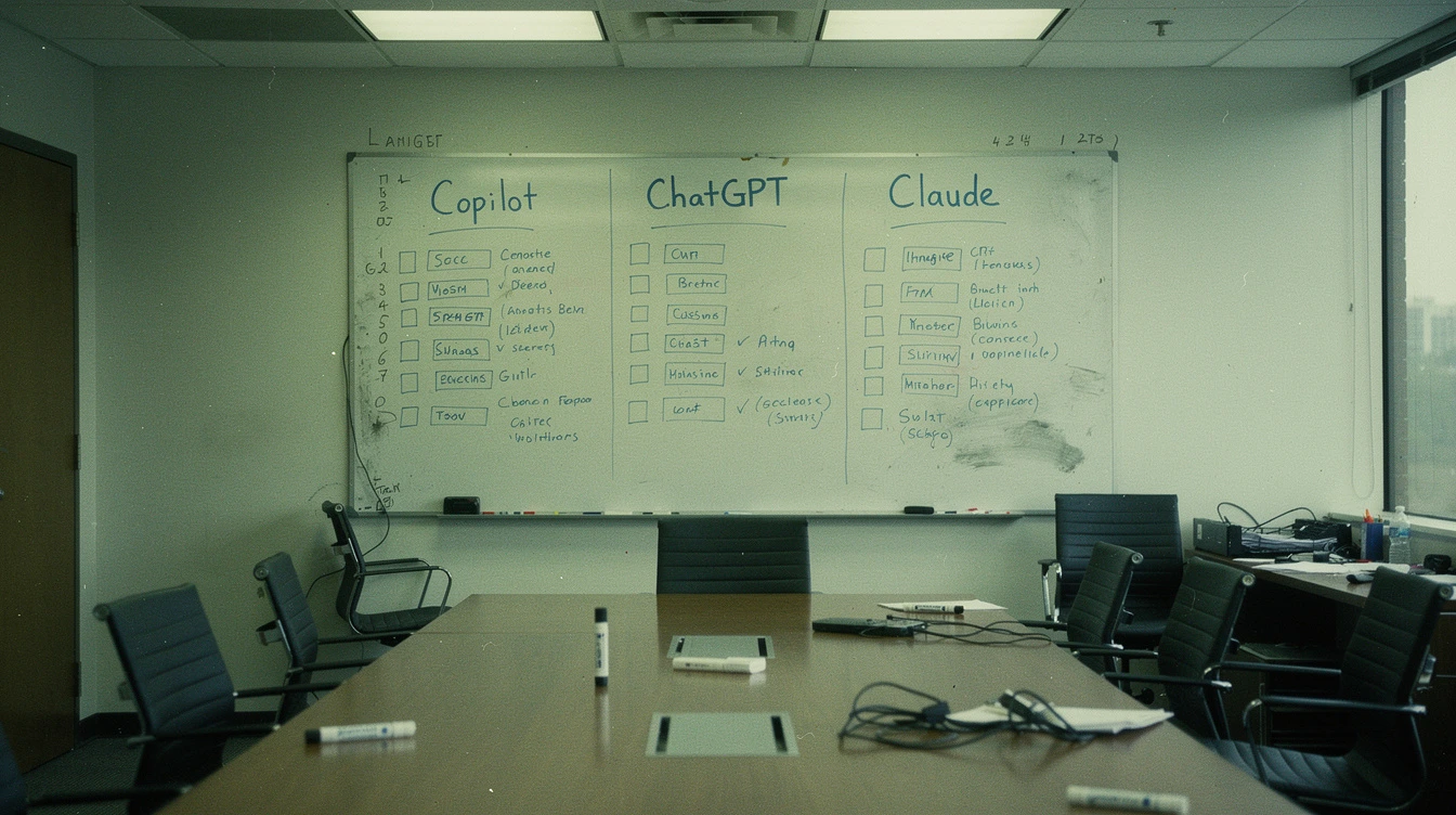 A Canadian boardroom whiteboard with three hand-drawn columns labelled Copilot ChatGPT Claude in blue marker with feature checkboxes