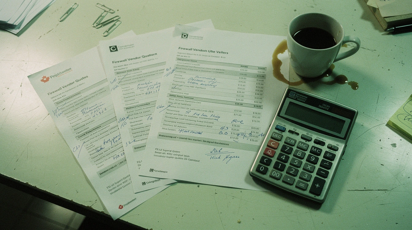 Three printed firewall vendor quotes fanned out on a Canadian meeting-room table with handwritten margin notes and a calculator beside them