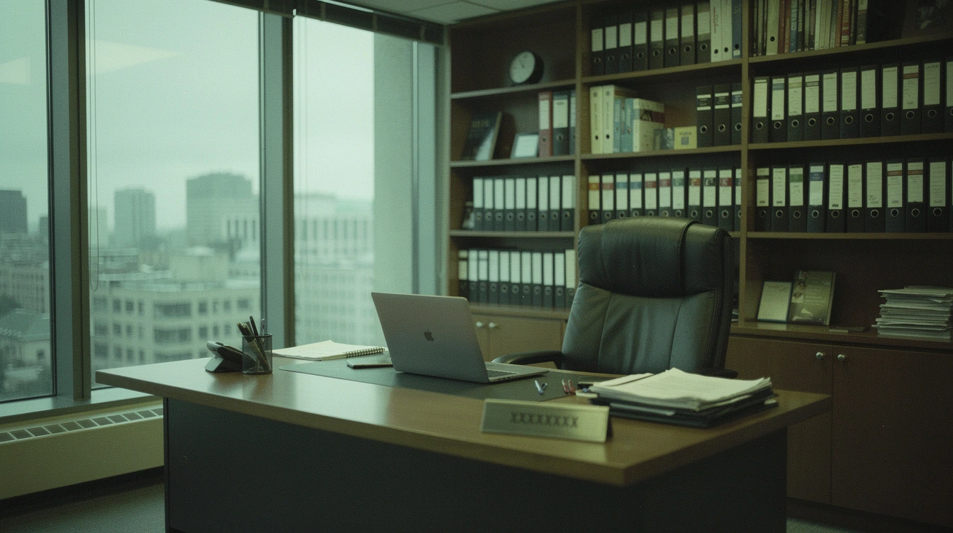 An empty Canadian corporate corner office with a single executive desk a name plate a leather chair and a wall of bookshelves beside a closed laptop