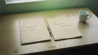 Two manila folders labelled internal IT and Fusion partner on a Canadian conference table with a black pen between them and a coffee cup with a ring
