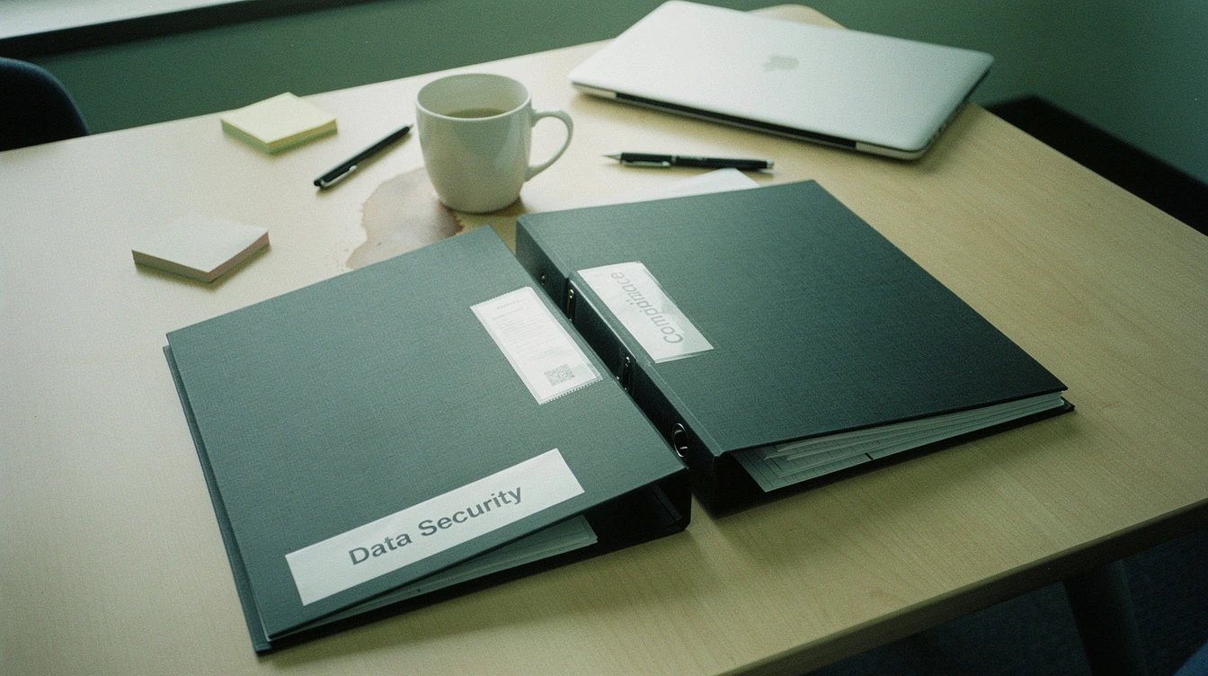 Two black binders labelled data security and compliance on a Canadian conference table at slight offsets with a coffee mug between them