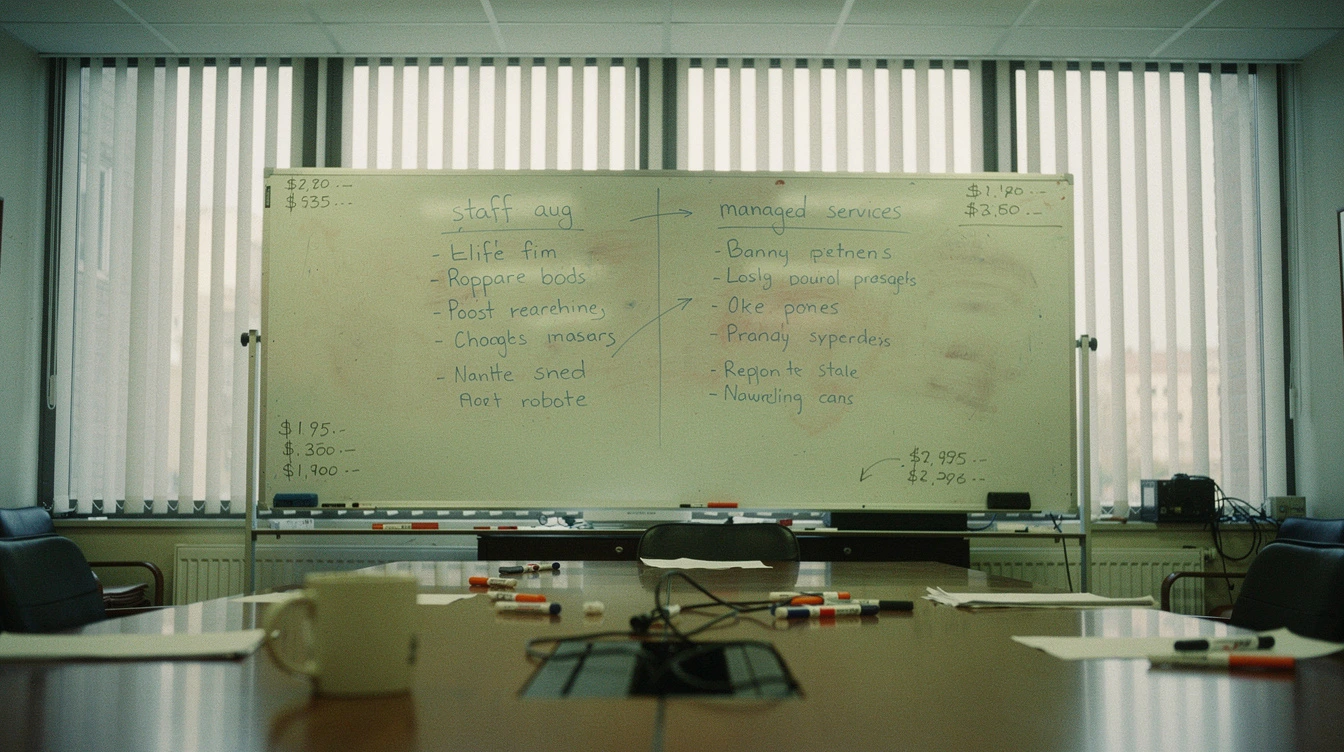 A Canadian boardroom whiteboard with two hand-written columns labelled staff aug and managed services in blue marker with arrows and half-erased dollar figures