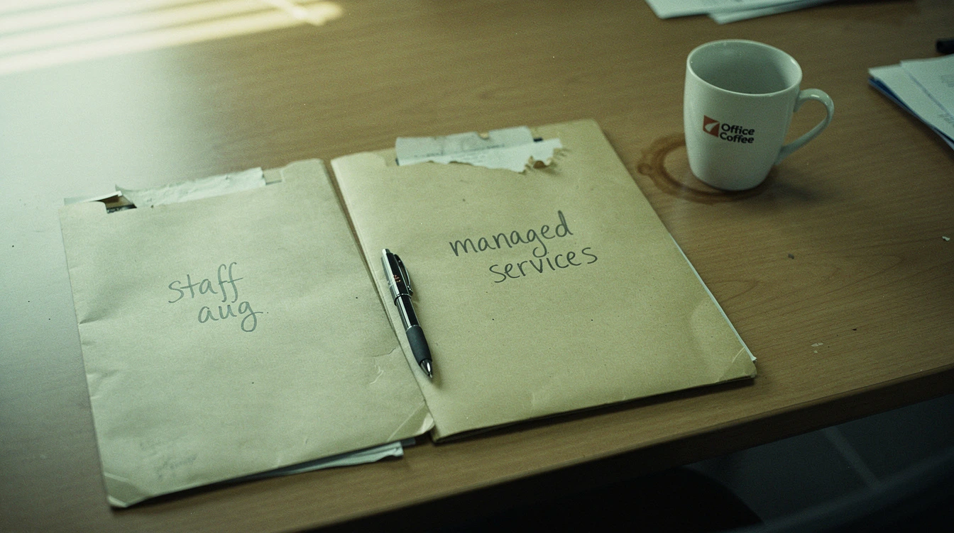 Two manila folders labelled staff aug and managed services on a wood meeting-room table with a black pen resting between them and a coffee cup with a ring stain