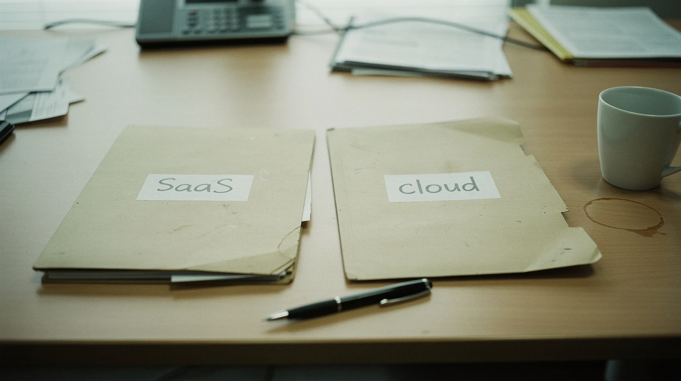 Two manila folders labelled SaaS and cloud on a Canadian meeting-room table with a black pen between them and a coffee cup with a ring stain