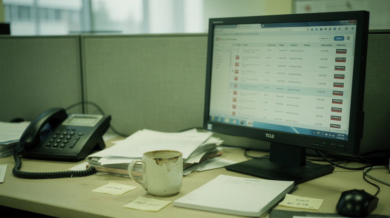 A Canadian IT-office monitor angled away showing a non-readable ticket queue with red overdue badges and a phone off the hook on the desk