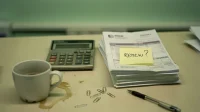 A desk with a stack of unopened software invoices and a yellow sticky note on top reading renew with a calculator beside and a half-empty coffee cup