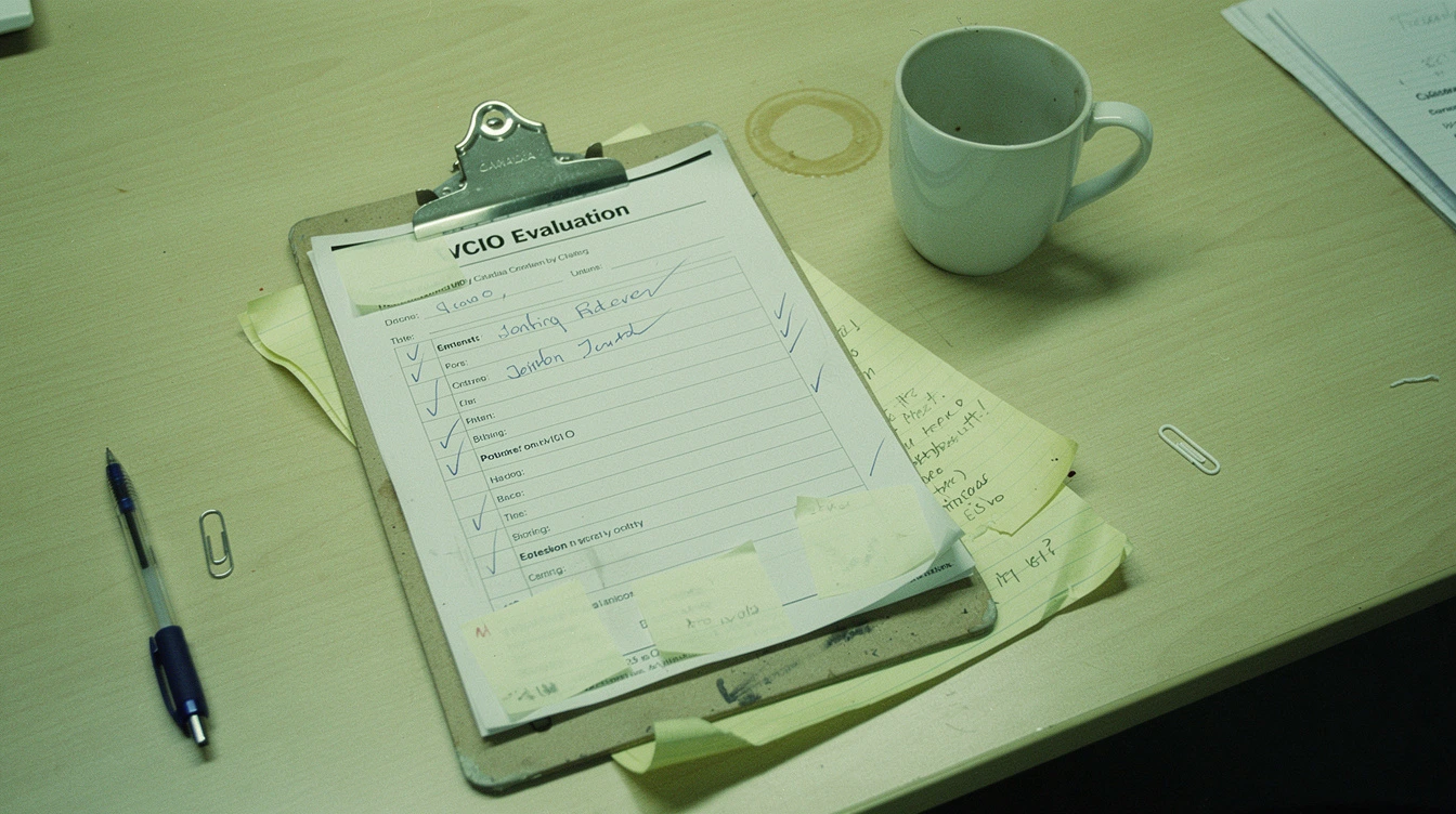 A printed vCIO evaluation worksheet clipped to a clipboard on a Canadian conference table with handwritten checkmarks beside a coffee mug