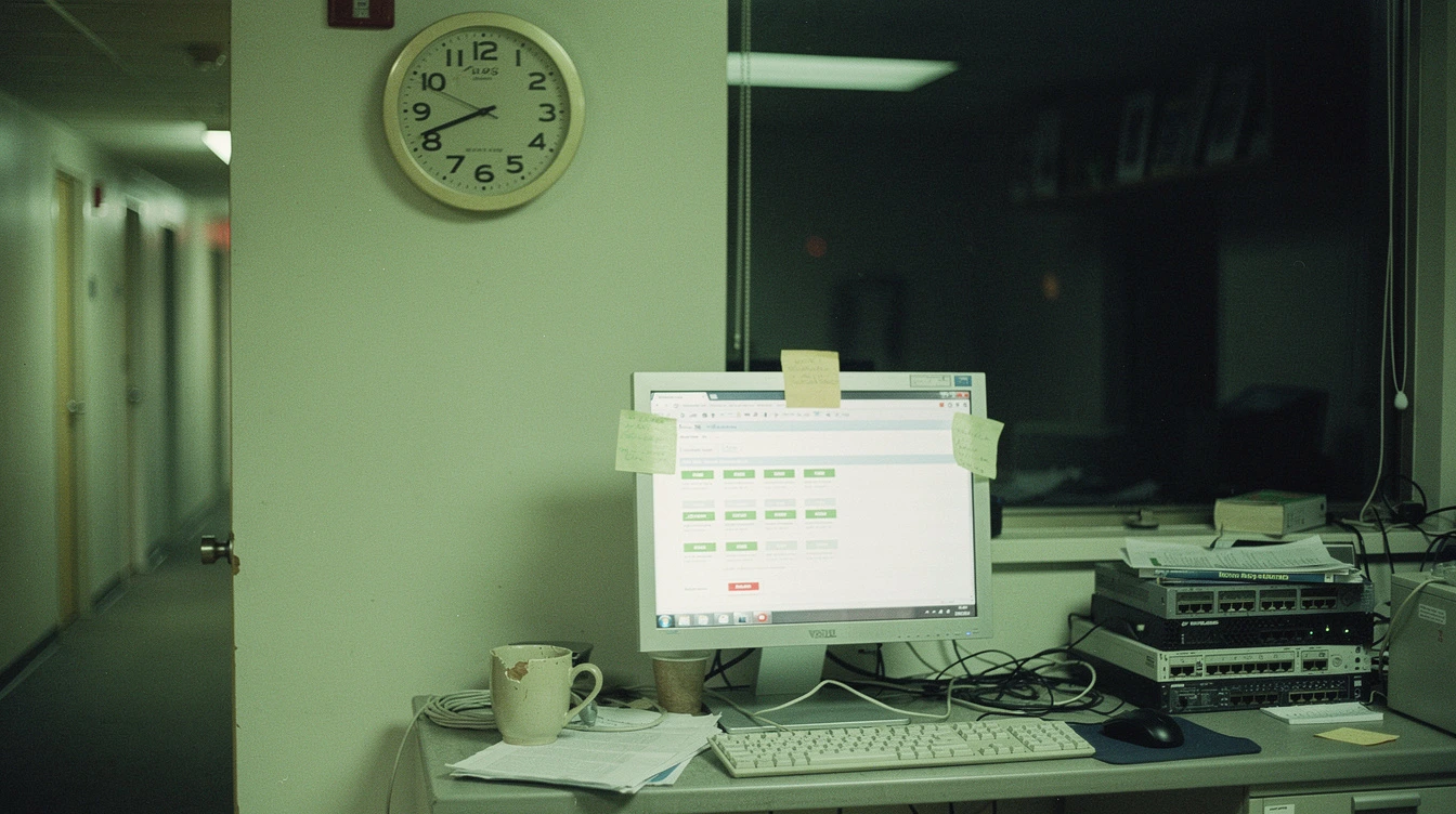 A wall clock in a Canadian IT-office showing 2:47 AM beside a single monitor angled away showing a non-readable ticket queue and a coffee mug