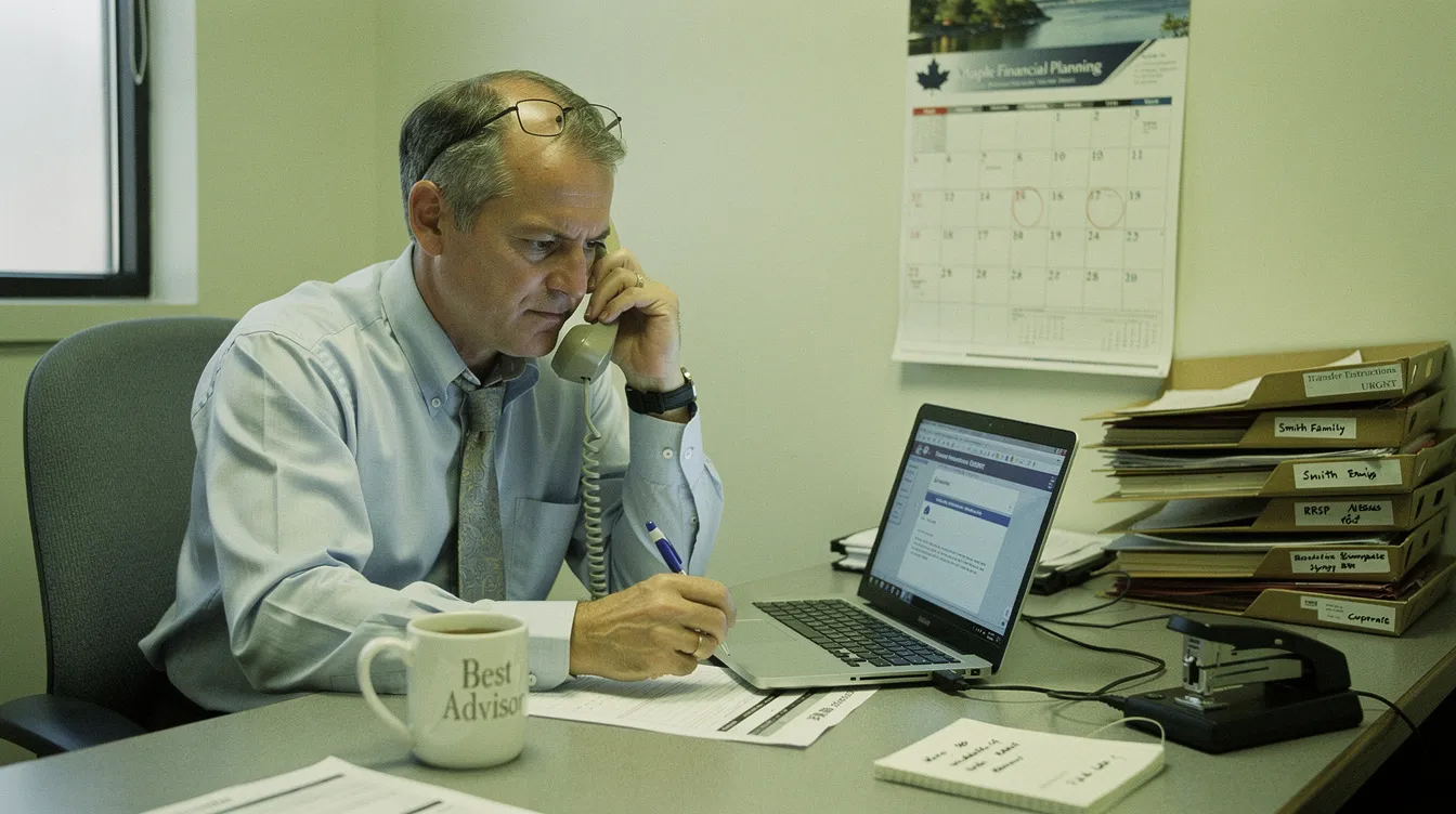 A Canadian wealth advisor on a desk phone verifying transfer instructions against an email on his laptop, beside a client folder marked Transfer Instructions Urgent