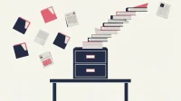 Flat editorial illustration of scattered files being gathered into one organized knowledge system for SMBs, in navy and pink.