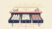 Secure drafting table vault holding blueprints and project files for architecture and engineering teams, in navy pink cream flat vector style.
