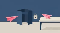 Flat editorial illustration of Claude Cowork for business as a paper airplane passing through a lock into a secure office.