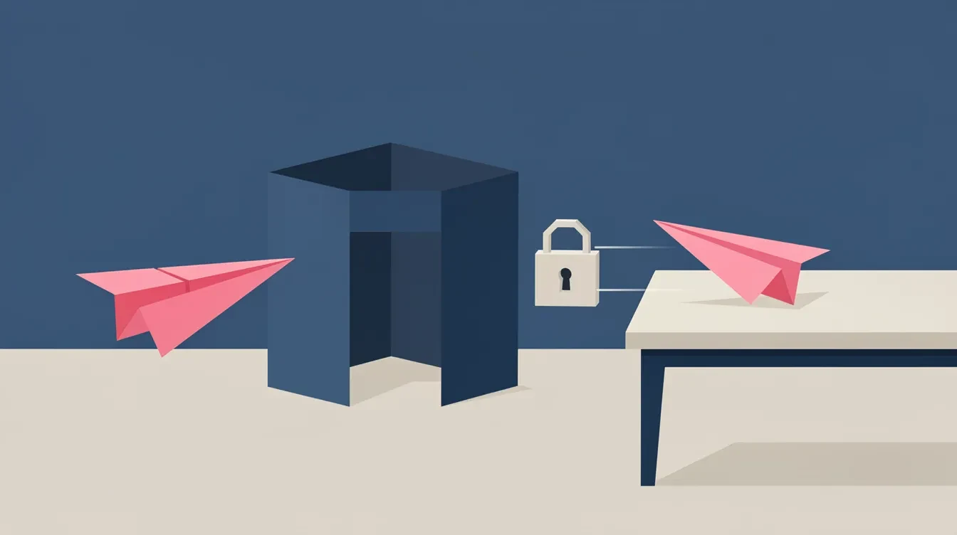 Flat editorial illustration of Claude Cowork for business as a paper airplane passing through a lock into a secure office.