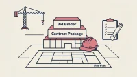 Flat vector construction document stack, showing secure bid and project file workflow in navy, pink, and cream.
