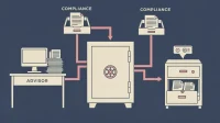 Flat vector vault-and-paper workflow illustration for Claude Cowork for financial services, in navy, pink, and cream.
