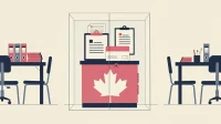Flat vector hero of a protected clinic admin workspace, showing claude cowork for healthcare clinics with PHIPA-style privacy separation.