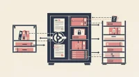 Flat vector law firm document vault with organized matter folders, navy pink and cream, showing secure Canadian legal workflow.