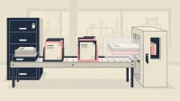 Flat vector factory document checkpoint protecting proprietary files while approved supplier work flows through.