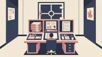 Flat vector vault metaphor showing a secure advisor desk with client files, portfolio charts, and compliance sections for Canadian wealth management.