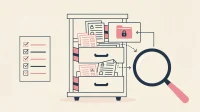 Flat vector SharePoint audit metaphor showing open folders spilling documents into unlocked drawers, for Microsoft 365 Copilot oversharing.
